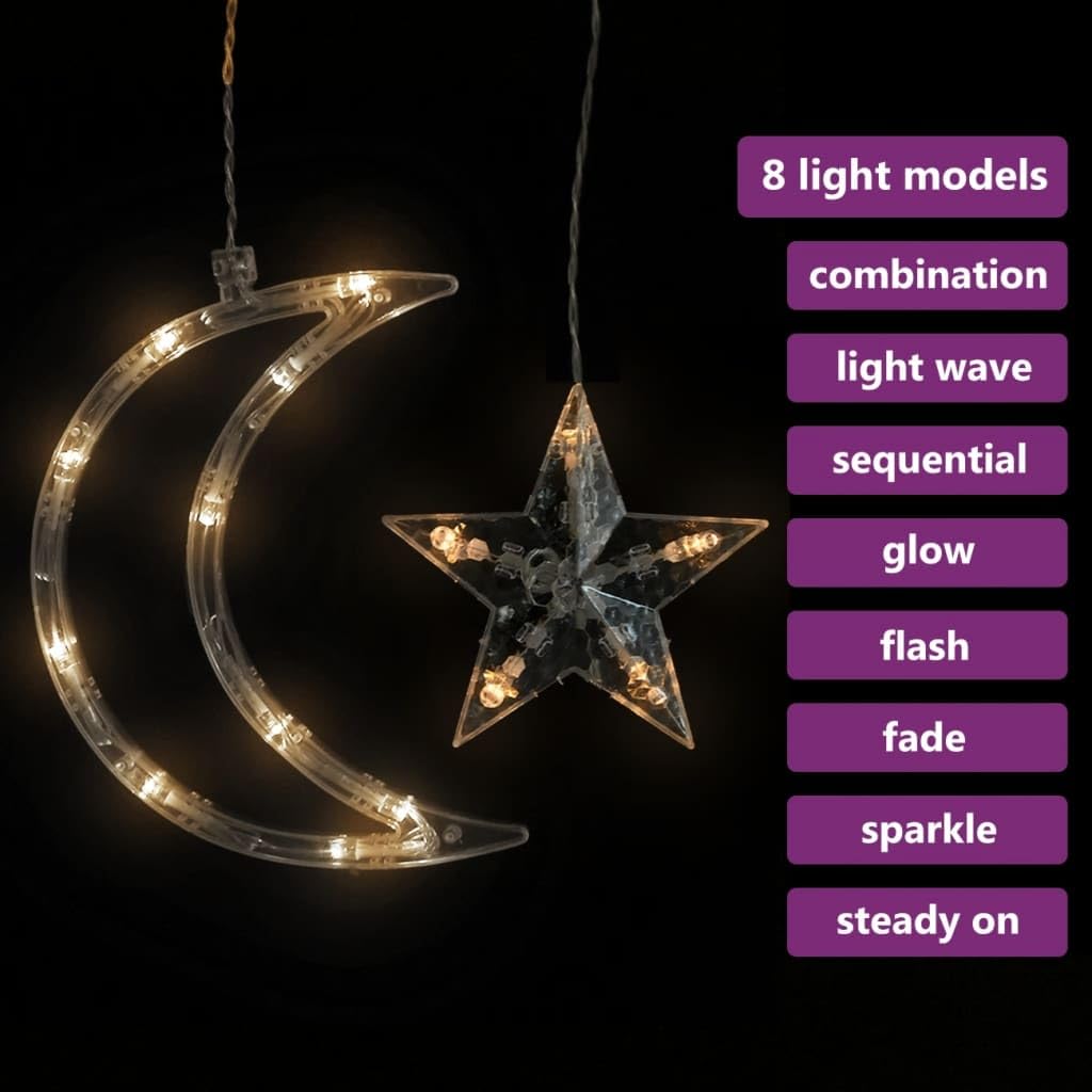 vidaXL Star and Moon LED Fairy Lights, Warm White, 8 Modes, Waterproof, USB, 6.6 x 3, Model 328794