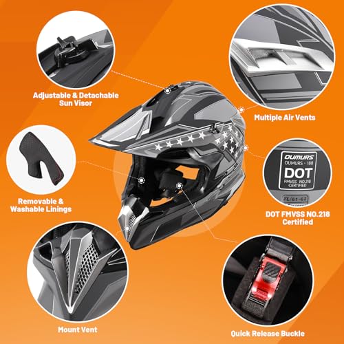 OUMURS DOT Adult Dirt Bike Helmet with Goggles Gloves & Mask Adjustable Sun Visor Motorcycle Adult ATV Helmet Off-Road Mot...