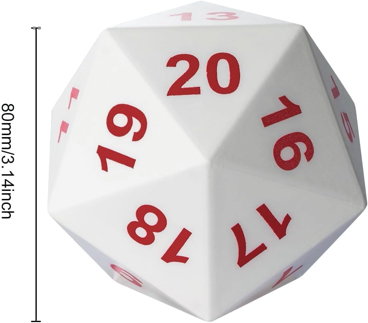 Large D20 Foam DND Dice, 80mm Spindown D&D RPG 20 Sided Dice with Drawstring Bag for Role Playing Games （White ）