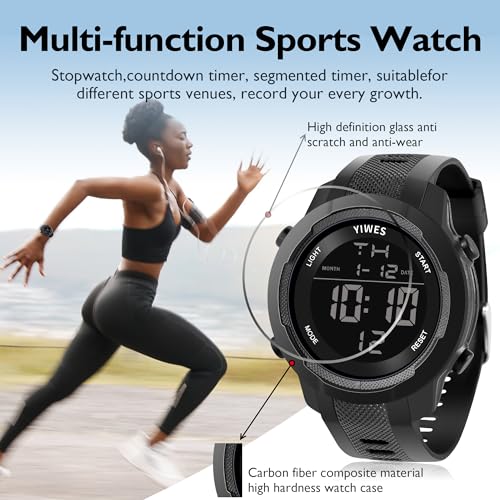 Men's Digital Sports Military Watch,Outdoor Running Timer,Waterproof Watch,Alarm Clock,Dual time 12/24 Carbon Fiber Compos...