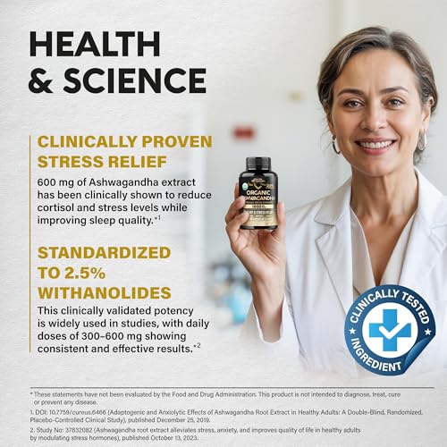 Ashwagandha Supplements 1800mg - USDA Organic Ashwagandha for Women & Men - Clinically Effective Strength for Stress Relie...