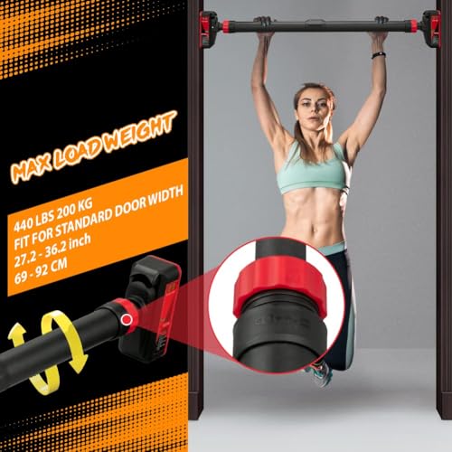 Adjustable Pull Up Bar for Doorway - 440LBS Weight Capacity, No Screws Installation with Level Meter and Auto Lock, Chin U...