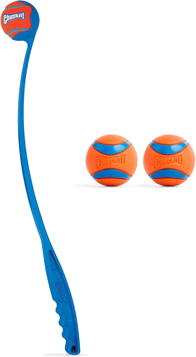 Chuckit! Ultra Dog Ball & Launcher Bundle Classic 26M 26" Length with 2 Pack Medium (2.5") Bouncy Fetch Balls for Dogs 20-...