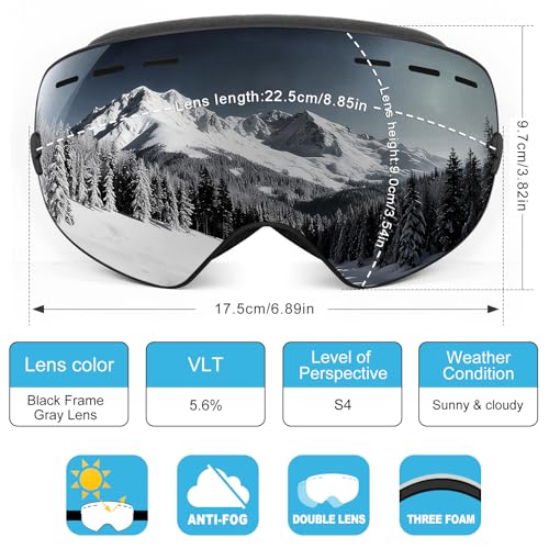 SPOSUNE Ski Goggles Over Glasses - Snow Goggle for Men Women Youth Snowboard Skiing - UV400 Anti-Fog Snowmobile Goggles