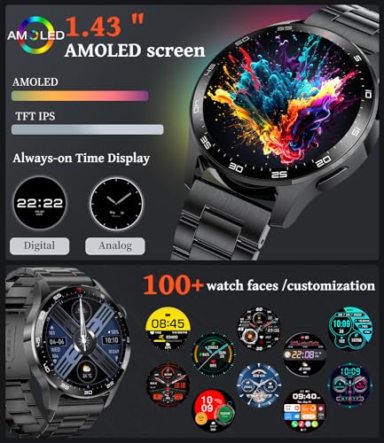 Smart Watches for Men(Answer/Dial Calls),1.43'' AMOLED Always-on Display,Fitness Tracker with Heart Rate/SpO2/Sleep Monito...