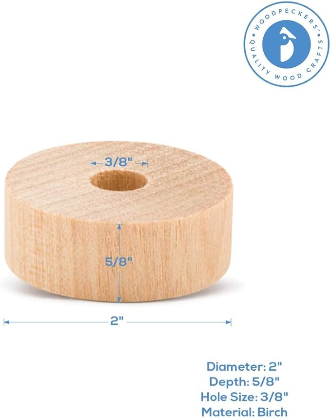 2-inch Diameter Slab Wooden Wheels for Crafts, 3/8-inch Hole, 7/16-inch Thick, Pack of 50 Mini Wood Wheels for Model, by Woodpeckers