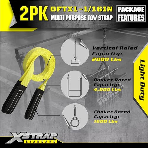 XSTRAP STANDARD 2PK 1''x 8FT Lift Sling Web Strap/Wear Guard End, Heavy Duty Flat Eye Lifting Sling with 2 Reinforced Loop...