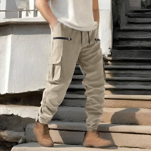 Men's Lightweight Cargo Pants Fashion Elastic Waist Drawstring Joggers Pants Plus Size Casual Tapered Sweatpants with Pockets