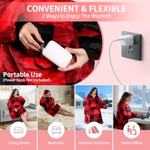 Askyli Wearable Heated Blanket Hoodie, Oversize Portable USB Heated Hooded Blanket 3 Heat Level, Overheat Protection Elect...