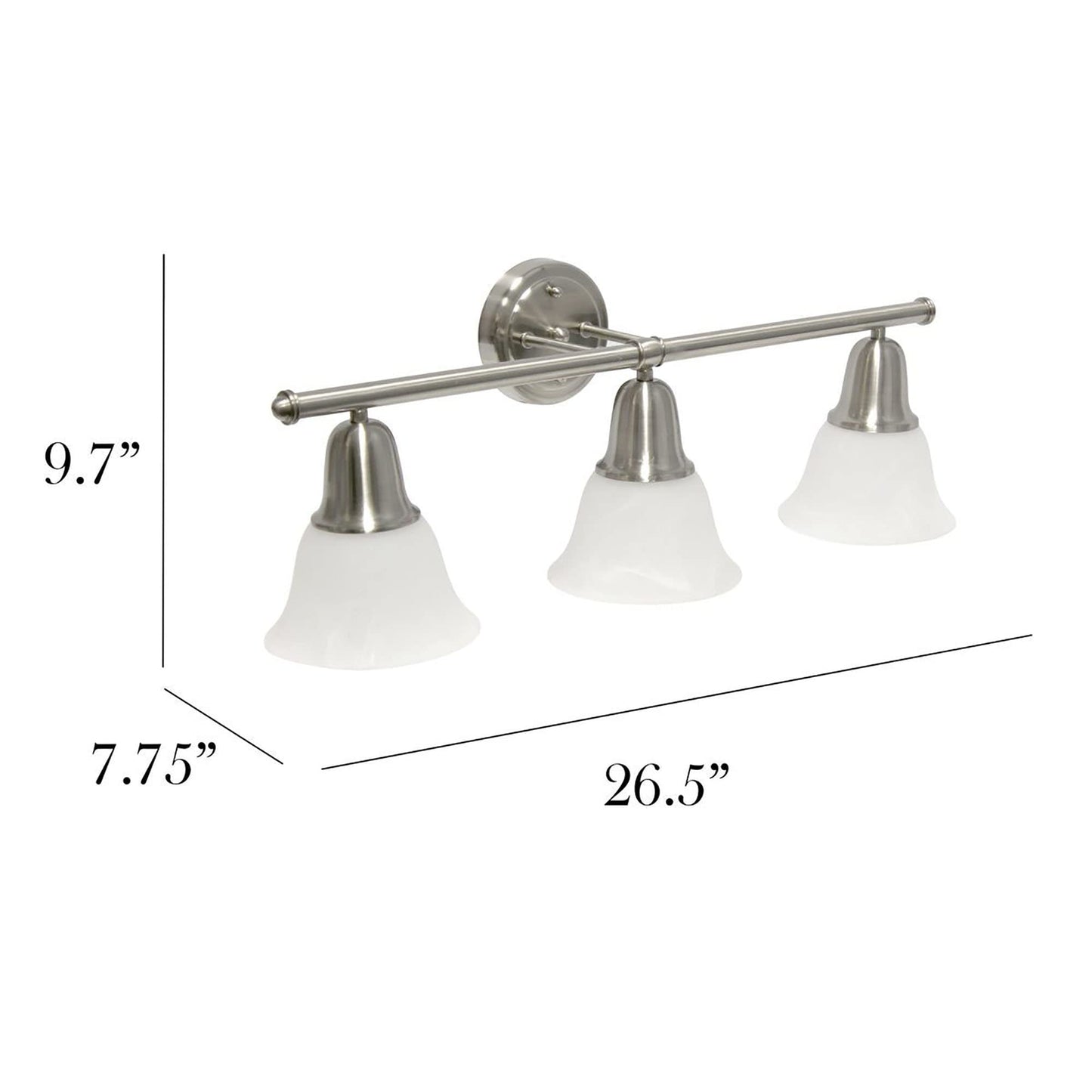 Simple Designs VT1027-BSN 26.5in 3-Light Metal Bar Vanity Fixture, Frosted Marble Glass Shades, Brushed Nickel