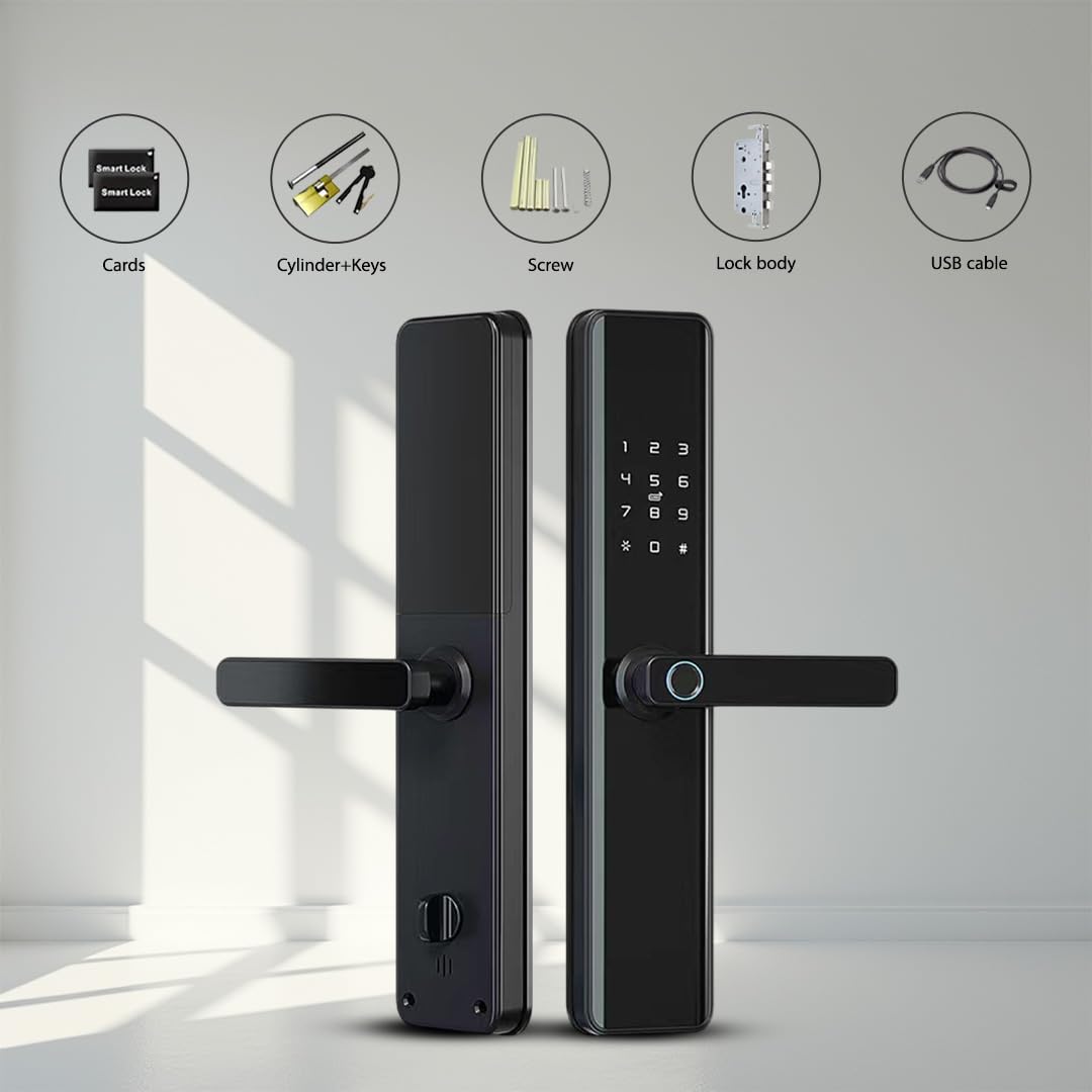 Smart Door Lock with Handle |Touchscreen Keypad & Doorbell | Keyless Entry (Fingerprint, Passcode, Key Access & WiFi Tuya App Control), Alexa, Waterproof, Electronic Deadbolt for Front Doors, Black