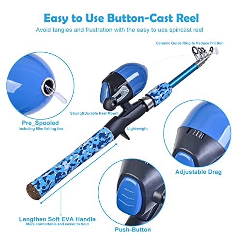 CODEK Kids Fishing Pole Set with Full Starter Kits 2 Set Portable Telescopic Fishing Rod and Spincast Reel Cambos with a F...