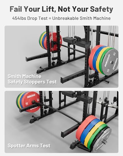 Mikolo Smith Machine, 2200lbs Squat Rack with LAT-Pull Down System & Cable Crossover Machine, Training Equipment with Leg ...