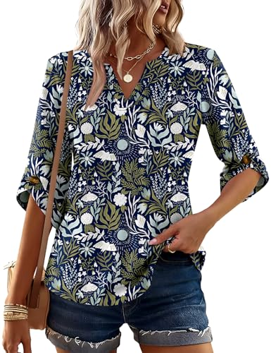 Kistore Womens 3/4 Length Sleeve Tunic Tops Casual V Neck Shirts Business Work Blouses Trendy Flowy Tees
