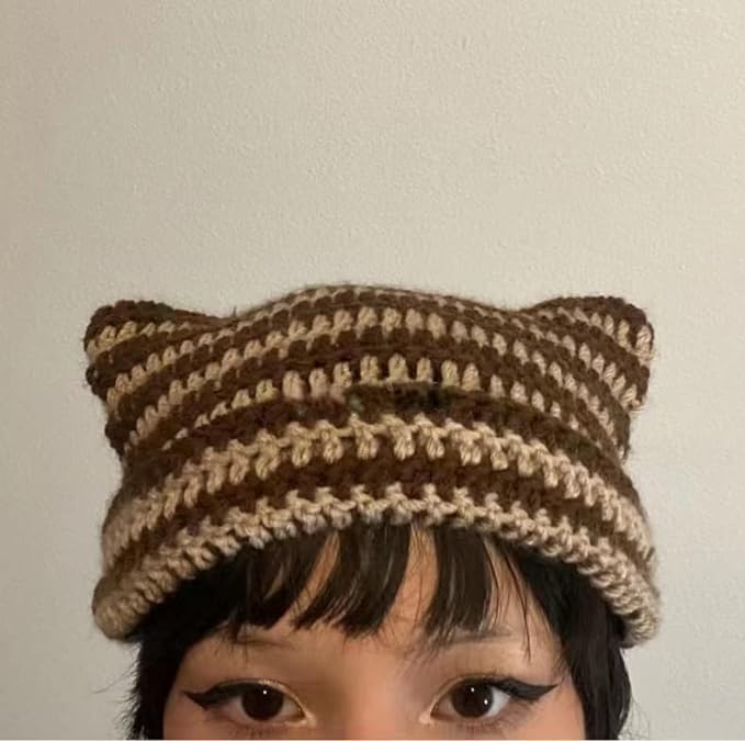 Women Girls Boys Teens Cute CAT Kitty Ears Hats, Winter Warm Knitted Stripe Grunge Accessories Slouchy Headgear
