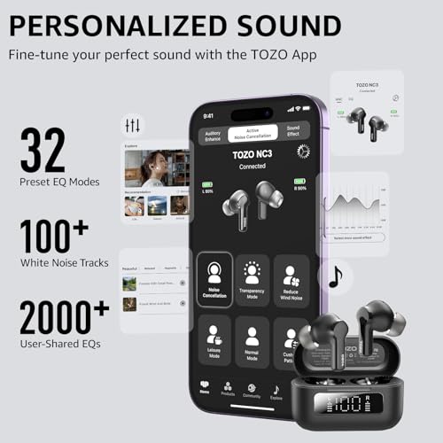 TOZO Hybrid Active Noise Cancelling Wireless Earbuds with 6 Mics AI Clear Call Ear Buds 68H Playtime with LED Display 32 P...