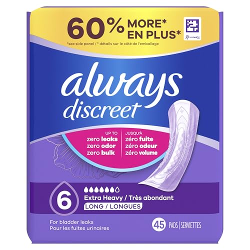 Always Discreet Adult Incontinence Pads for Women, Extra Heavy Absorbency, Long Length, Postpartum Pads, 45 Count