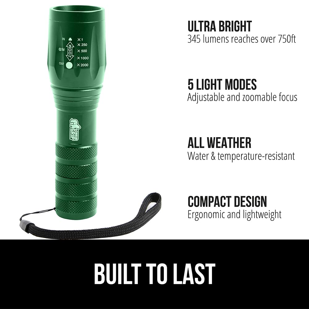 Gorilla Grip LED Tactical Handheld Flashlight, 750 FT Zoom, 5 Modes, Water Resistant, Metal, Hunter Green, Model 840029684931