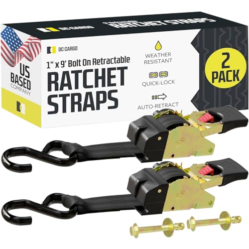 DC Cargo Mall Bolt-on Auto Retractable Ratchet Straps (2-Pack) 1” x 9ft, Heavy Duty, 1,200lb Break Strength – Tie Down Str...