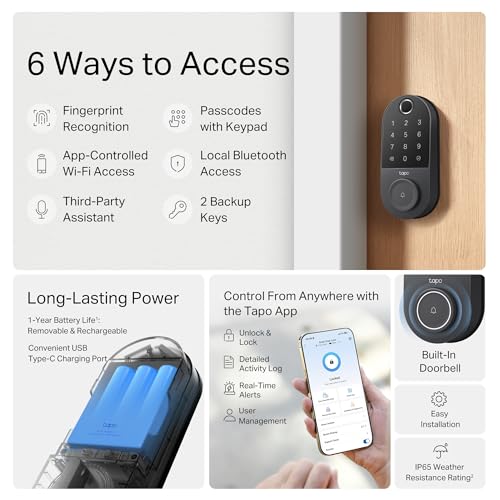 TP-Link Tapo Smart Door Lock, Deadbolt | Keyless Entry, Fingerprint Recognition, Touchscreen Keypad & in-App Monitoring wi...