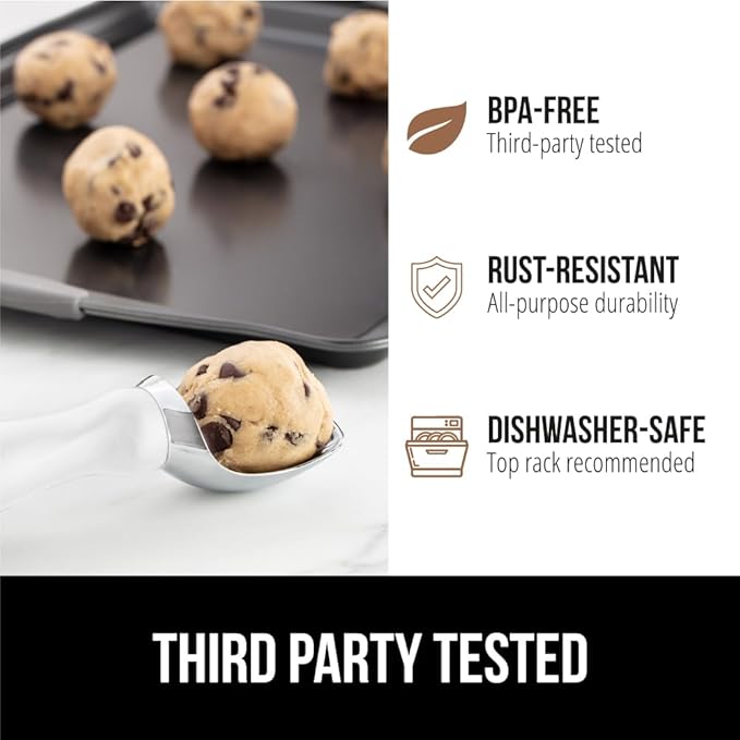 GORILLA GRIP BPA-Free Heavy Duty Ice Cream Scoop, Comfortable Ergonomic Handle, Professional Grade Scooper for Perfect Round Scoops, Spoon Frozen Hard Gelato, Sorbet, Cookie Dough, Kitchen Tool, White