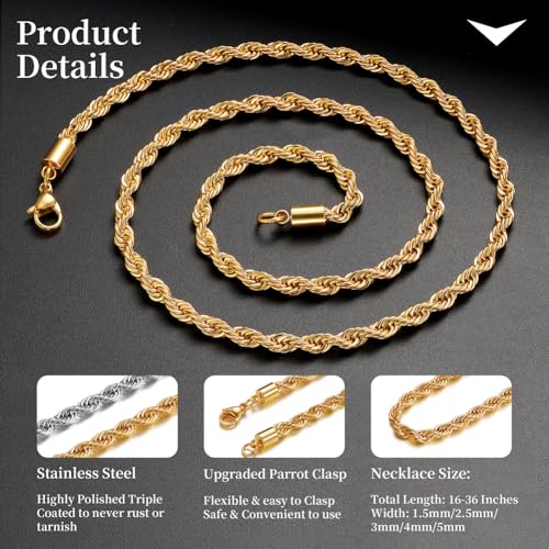 Monily Valentine's Day gifts 24k Real Gold Plated Rope Chain 1.5mm 2.5mm 5mm Stainless Steel Twist Chain Necklace for Men ...