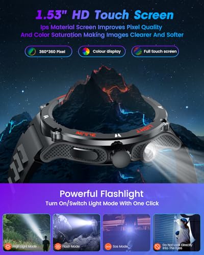 Smartwatch for Men Android Fitness Tracker: 1.53" Military Smart Watch with Flashlight Compass Make Answer Bluetooth Call ...