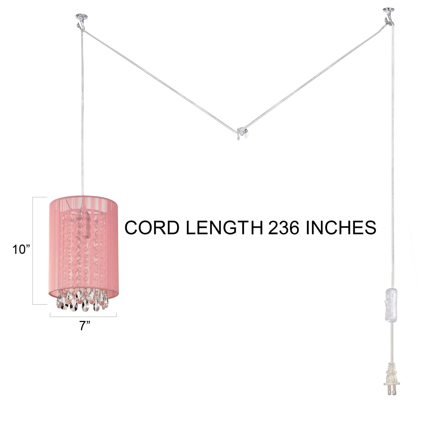 LaLuLa Hanging Lamp, 1-Light Pendant Light, Pink Cotton with Plug-in Cord, 7in Size, Model P17168PK-P