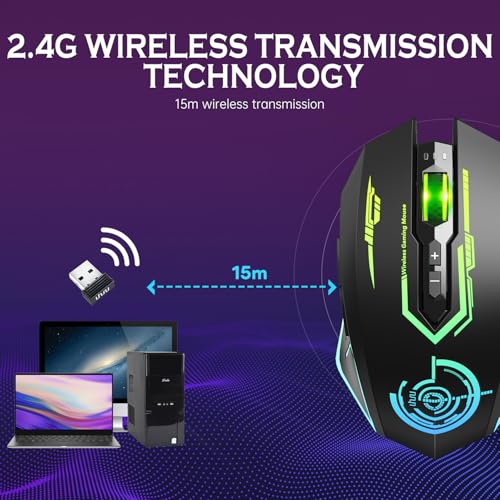 UHURU Wireless Gaming Mouse Up to 12000 DPI, Rechargeable USB-C Wireless Mouse with 7 Buttons 7 Dynamic LED Color Ergonomi...