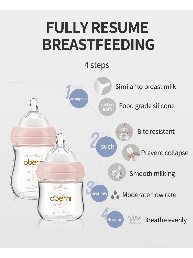 Oberni Glass Baby Bottles,Anti Colic Breastfeeding Bottle with Natural Response Nipple Size S,Wide Neck Slow Flow Baby Bottle for Baby,Newborn,Preemie 0-3 0-6 Month,BPA Free (Pink, 2 Pack, 5 Ounce)