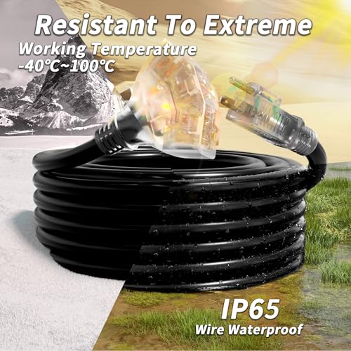 PlugSaf 50 FT 16/3 Gauge Outdoor Extension Cord with Multiple Outlets Light Indicator, Flexible 3 Outlet Weatherproof Exte...