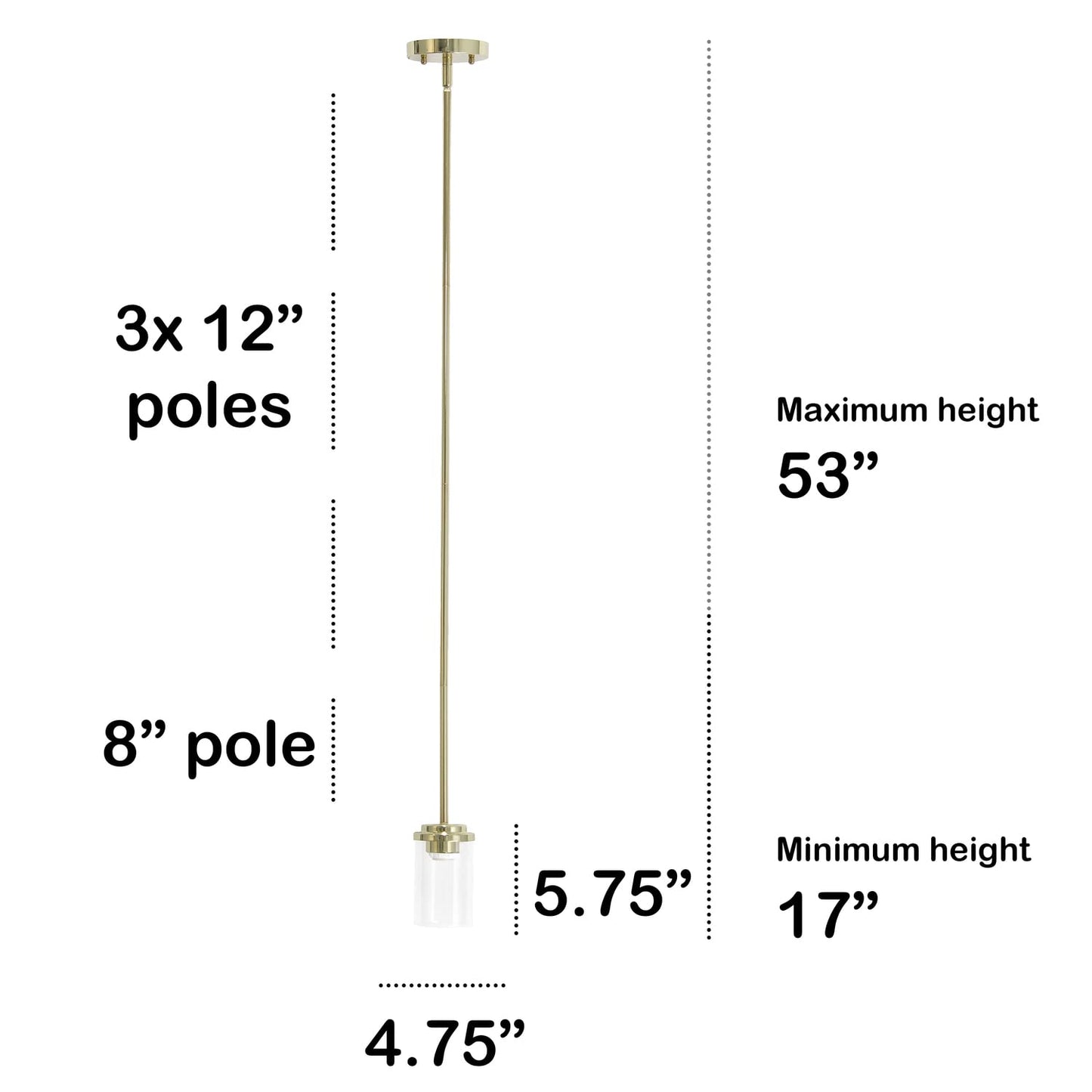 Lalia Home 1-Light Industrial Pendant Fixture, Gold, Clear Cylinder Glass, 4.75x4.75x53, Model 1270-LHP-3011-GL