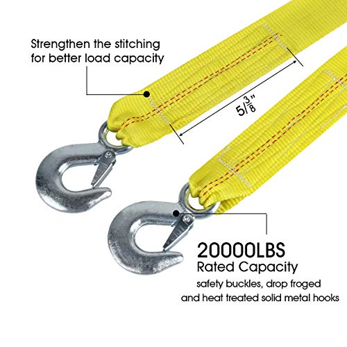 JCHL Nylon Tow Strap with Hooks 2”x20’ Car Vehicle Heavy Duty Recovery Rope 20,000 lbs Capacity Tow Rope for Car Truck Jee...