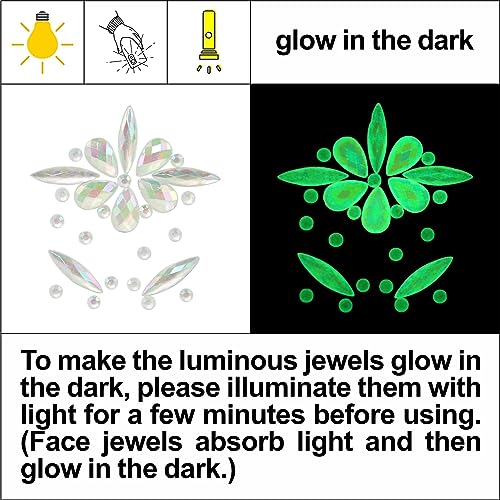 Noctilucent Face Gems, 12Pcs Luminous Face Jewels Rhinestones Stickers and 15g Chunky Glitter Glow in The Dark for Face Ey...