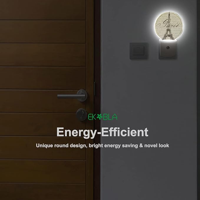 EKOBLA Boho Beige Paris Night Light Vintage Eiffel Tower France Night Lights Plug into Wall with Dusk to Dawn Sensor Home Plug Wall Light for Boys Girls Men Women