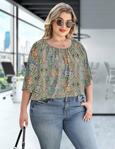 LOMON Womens Plus Size Tops Summer 3/4 Length Sleeve Crewneck Blouses Dressy Casual Loose Curvy Flowy Tunic Shirts 1X-5X