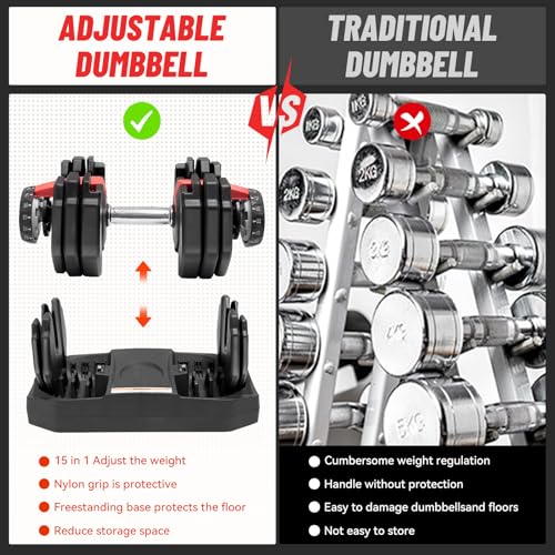 Adjustable Dumbbell 52.5LB, 2-in-1 Weight with Anti-Slip Handle, Fast Weight Adjustment for Home Gym, Strength Training fo...