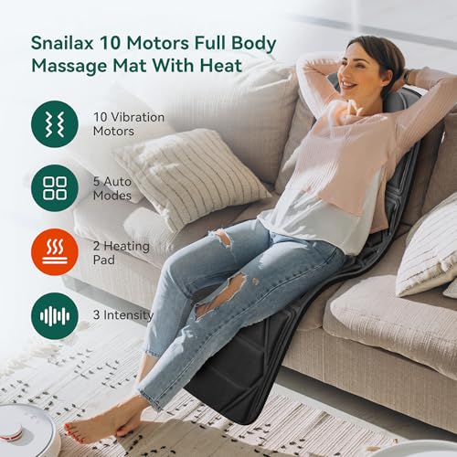Snailax Massage Mat with Heat, Back Massage Pad for Bed, Chair, 10 Motors Vibrating Massage Mattress Pad with 2 Heating Pa...