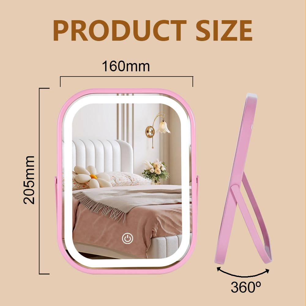 YEKKOPT Lighted Vanity Mirror, Rechargeable Travel Makeup Mirror with Lights, 8 ' 'x6 ' ' Desk Mirror with Lights,Make up Mirror