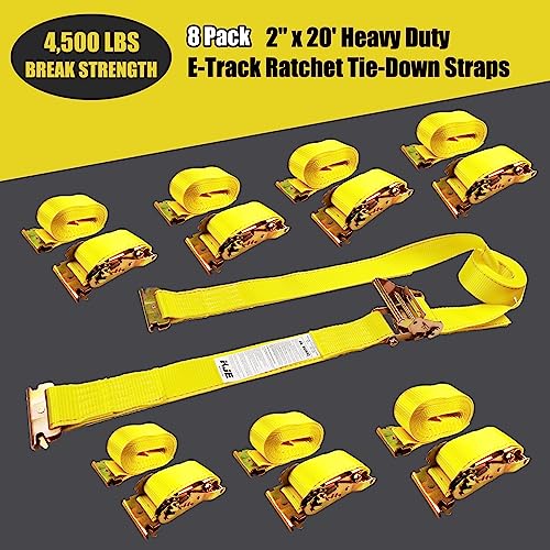 KJE 8 Pack E-Track Ratchet Straps, Heavy Duty 2" x20' Cargo Tie-Downs, 4500LBS Breaking Strength, Standard E Track Fitting...