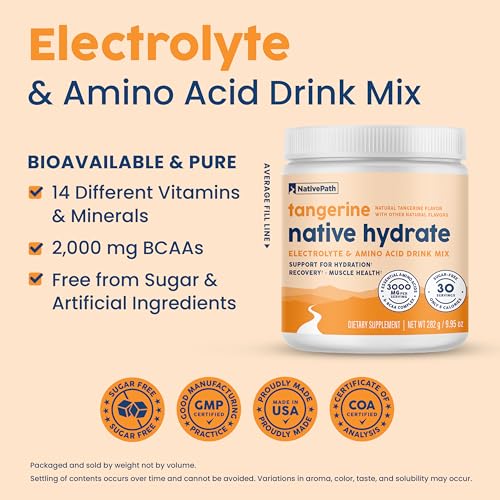 NativePath Native Hydrate, Zero Sugar, Electrolytes Powder with BCAAs, Tangerine Hydration, Keto & Paleo Friendly, 30 Serv...