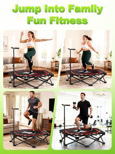 FitNexus 42" Foldable Mini Trampoline- 450lb Capacity Fitness Rebounder w/3-Level Adjustable T-Bar, Adults Workout Trampol...