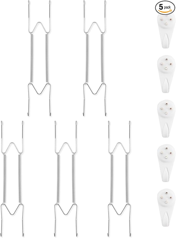 5 Pack Plate Hangers for The Wall, Suitable for 10-14 inch Art Plate, Stainless Steel Invisible Heavy Duty Wire Plate Holder with Wall Hooks, Plate Hangers for Displaying Plates, Platter, Dish, Silver