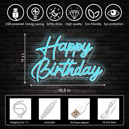 Happy Birthday Neon Sign Reusable Ice Blue LED Neon Night Light Birthday Party Decorations USB Operated Decorative for Bac...