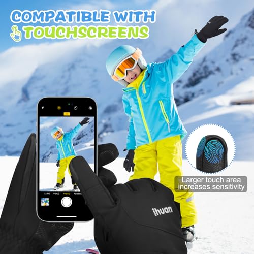 ihuan Kids Winter Waterproof Ski Gloves, Snowboarding Touchscreen Cycling Gloves for Boys Girls As Stocking Stuffers