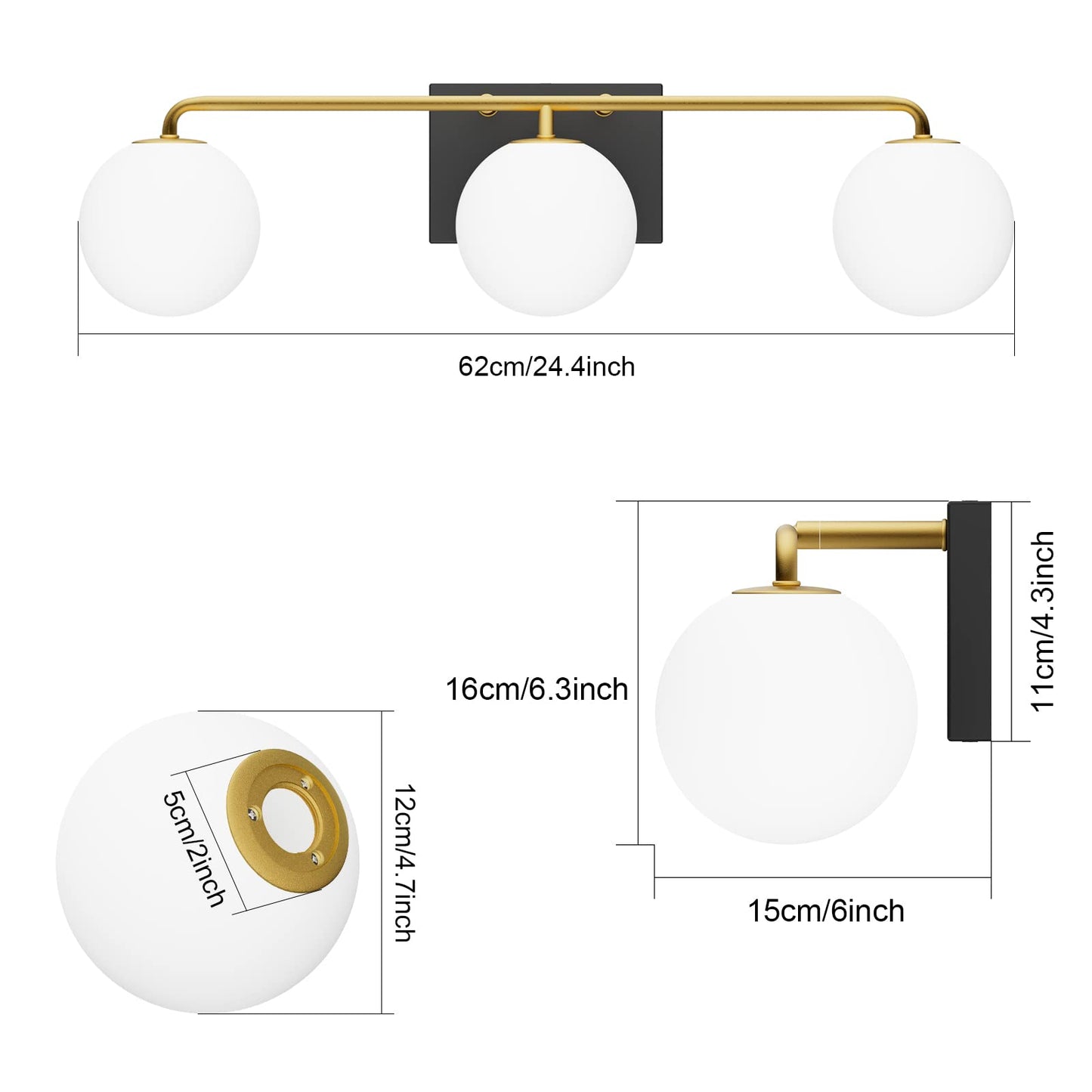 Tipace Mid Century Modern Gold 3-Lights Vanity Light Fixtures With Milky White Glass Ball Shades Industrial Vanity Lighting Over Mirror Wall Sconces For Bathroom Dressing Table Bedroom(Exclude Bulb)