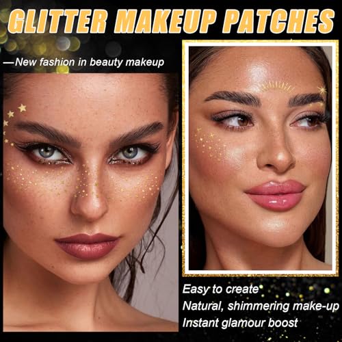 20 Pcs Gold Face Makeup Patches, Glitter Freckles Face Tattoo for Teenagers & Young Women, Sparkle Freckles Makeup Patche...