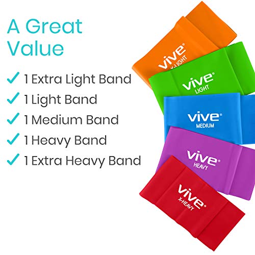Vive Flat Resistance Band (5 Piece Set) - Stretch Bands for Exercise, Physical Therapy, Yoga - Elastic Bands, Long Stretch...