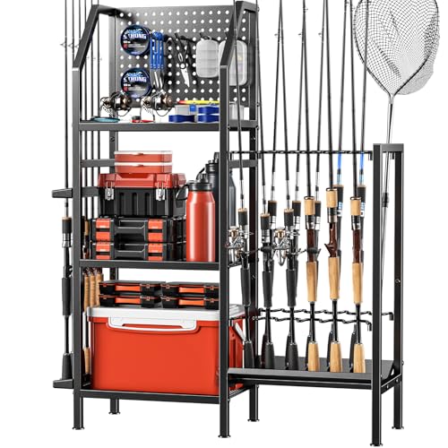 POKIPO Fishing Rod Holders for Garage,Fishing Rod Rack Storage up to 18 Rods,3 Tier Adjust Heavy Duty Metal Fish Pole Stan...