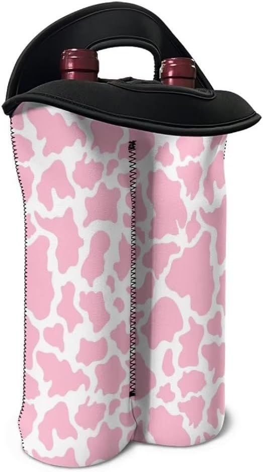 doginthehole Cow Print Insulated Wine Bag Water Bottle Carrier Portable Wine Cooler Bag Neoprene Protection Tote Bag Wine/Champagne/Water Bottle/Beer/Drinks Carrying Bag, Gift for Wine Lover Women